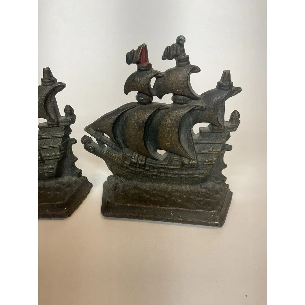 Vintage Pair Cast Iron Metal Pirate Sailing Boat Clipper Ship Bookends‎ Heavy